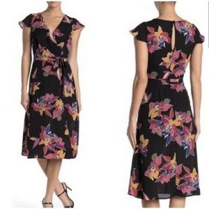 Row A Women's Dress Floral Mock Wrap Ladies Midi Dress Multicolor Size Medium